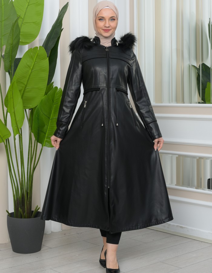 Furry Hooded Faux Leather Short Trench Coat with Tunnel Waist 1344 - black