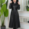 Furry Hooded Faux Leather Short Trench Coat with Tunnel Waist 1344 - black