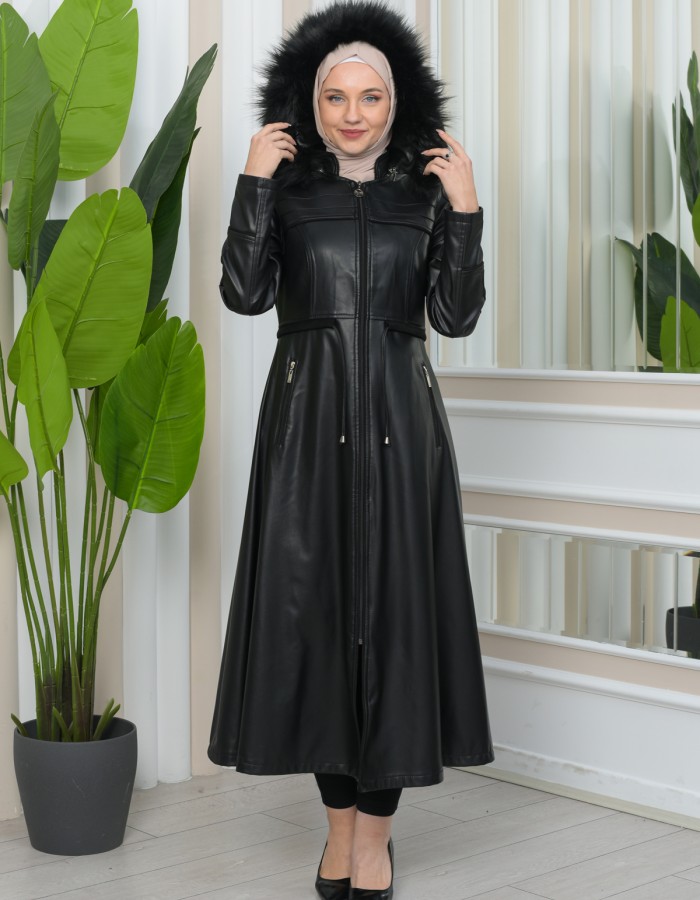 Furry Hooded Faux Leather Short Trench Coat with Tunnel Waist 1344 - black