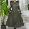 Women's Winter Leather Trench Coat with Faux Fur Lining and Flared Hood 1344 - khaki