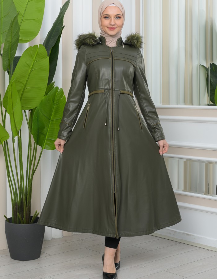 Furry Hooded Faux Leather Short Trench Coat with Tunnel Waist 1344 Haki