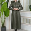 Furry Hooded Faux Leather Short Trench Coat with Tunnel Waist 1344 Haki