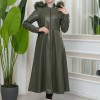 Furry Hooded Faux Leather Short Trench Coat with Tunnel Waist 1344 Haki