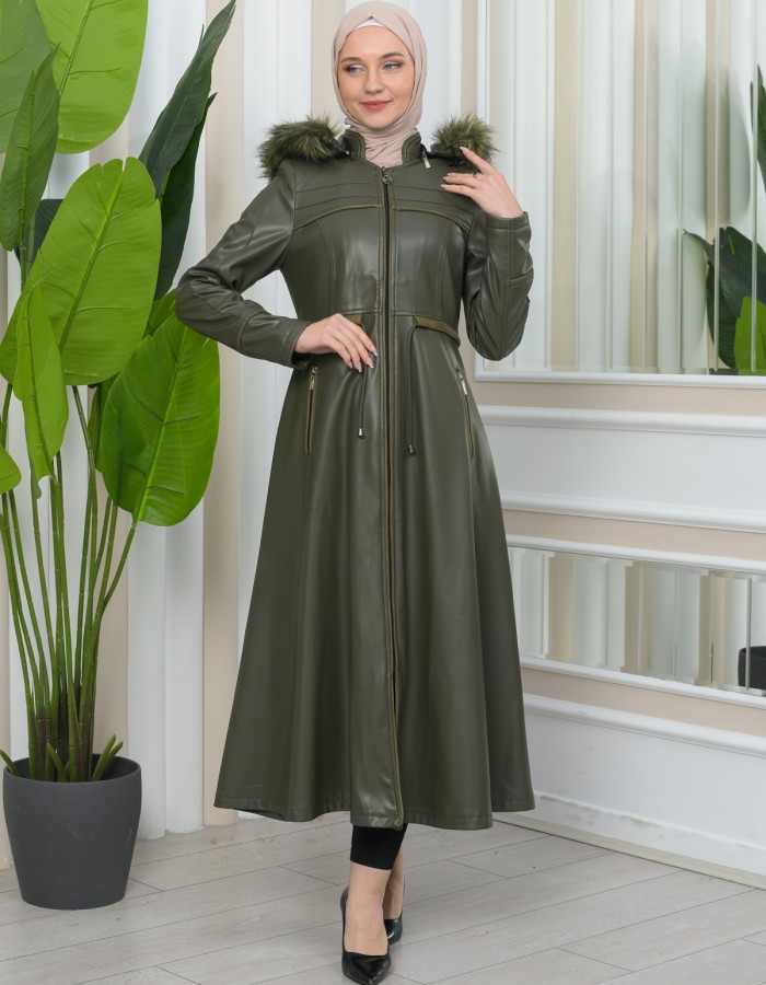 Furry Hooded Faux Leather Short Trench Coat with Tunnel Waist 1344 Haki