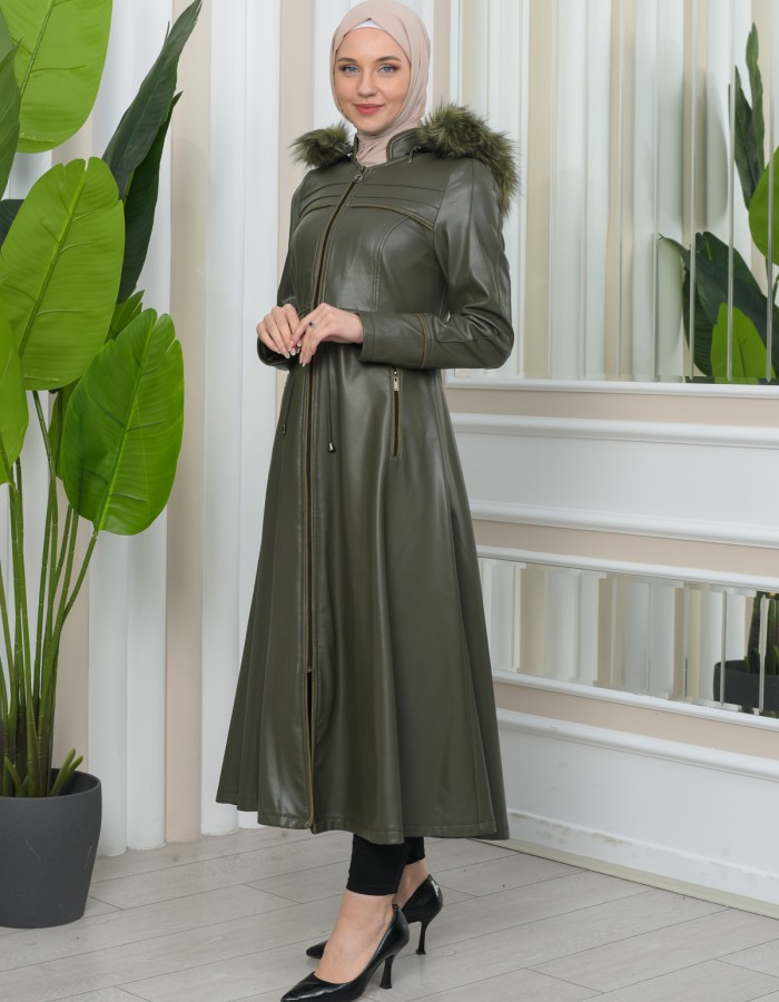 Furry Hooded Faux Leather Short Trench Coat with Tunnel Waist 1344 Haki