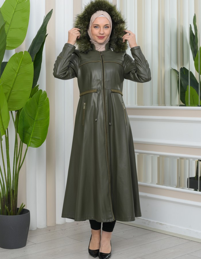 Furry Hooded Faux Leather Short Trench Coat with Tunnel Waist 1344 Haki