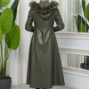 Furry Hooded Faux Leather Short Trench Coat with Tunnel Waist 1344 Haki