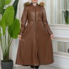 Womens Winter Leather Trench Coat with Faux Fur Lining and Flared Hood 1344 - tan