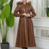 Furry Hooded Faux Leather Short Trench Coat with Tunnel Waist 1344 - tan