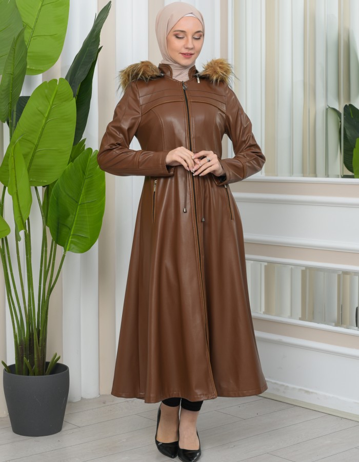 Furry Hooded Faux Leather Short Trench Coat with Tunnel Waist 1344 - tan