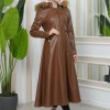 Furry Hooded Faux Leather Short Trench Coat with Tunnel Waist 1344 - tan