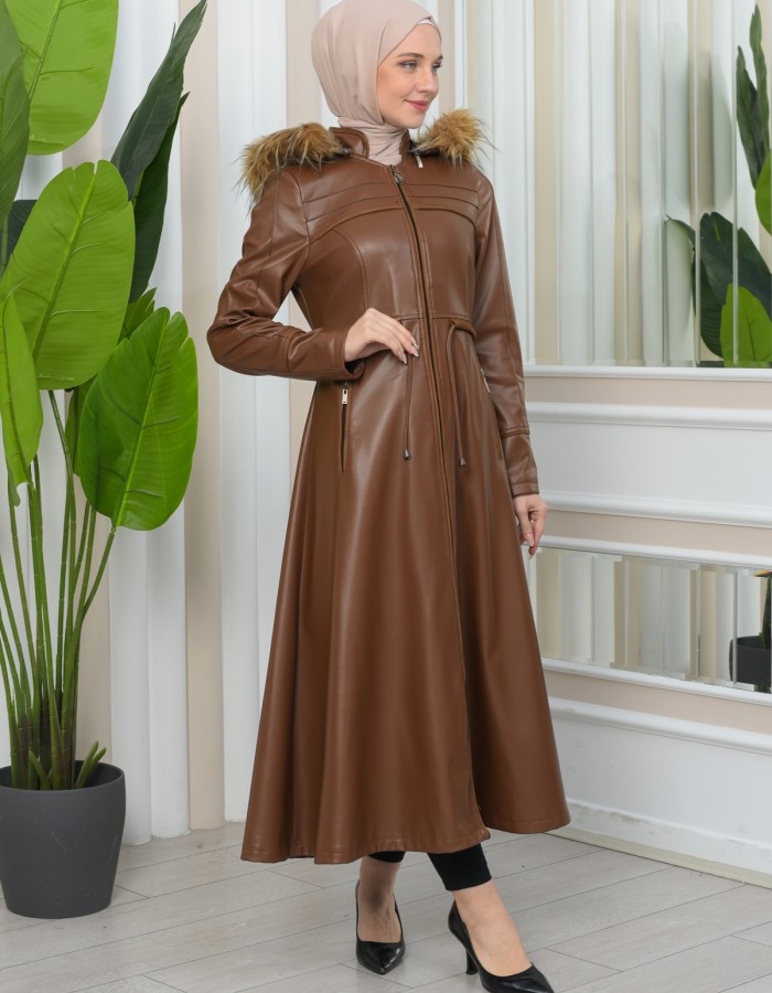 Furry Hooded Faux Leather Short Trench Coat with Tunnel Waist 1344 - tan