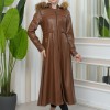 Furry Hooded Faux Leather Short Trench Coat with Tunnel Waist 1344 - tan