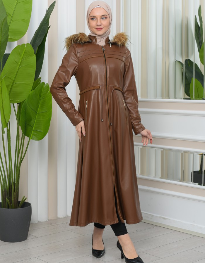Furry Hooded Faux Leather Short Trench Coat with Tunnel Waist 1344 - tan