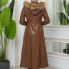 Furry Hooded Faux Leather Short Trench Coat with Tunnel Waist 1344 - tan