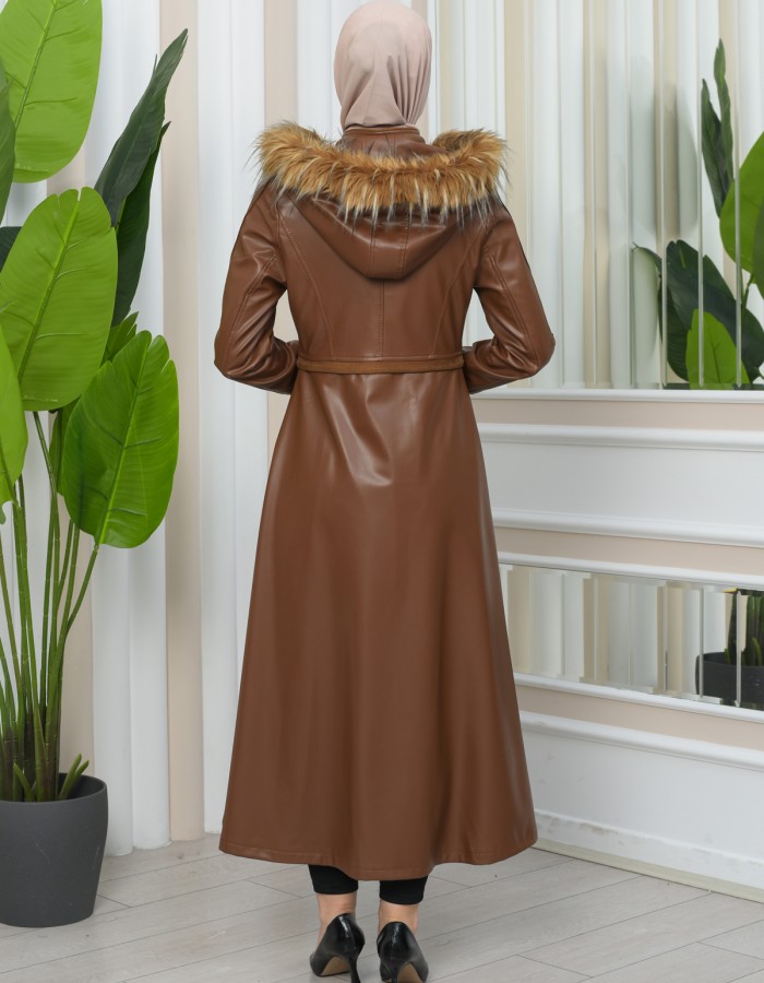 Furry Hooded Faux Leather Short Trench Coat with Tunnel Waist 1344 - tan