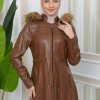 Furry Hooded Faux Leather Short Trench Coat with Tunnel Waist 1344 - tan