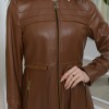Furry Hooded Faux Leather Short Trench Coat with Tunnel Waist 1344 - tan