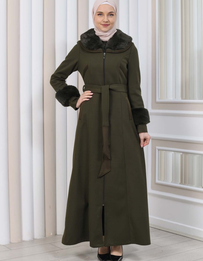 FURRY HOODED ZIPPERED OVERSIZED SUEDE TOPCOAT 1353 - khaki