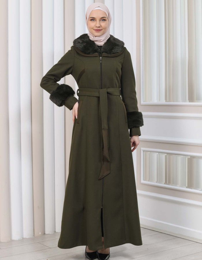 FURRY HOODED ZIPPERED OVERSIZED SUEDE TOPCOAT 1353 - khaki