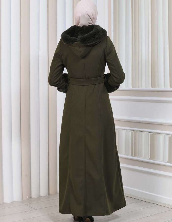 FURRY HOODED ZIPPERED OVERSIZED SUEDE TOPCOAT 1353 - khaki