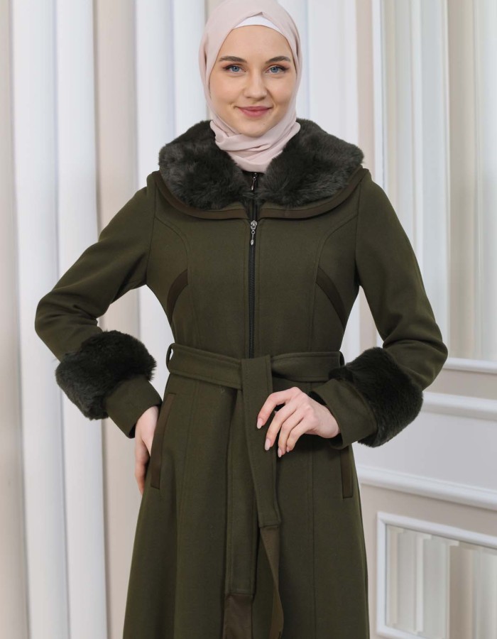 FURRY HOODED ZIPPERED OVERSIZED SUEDE TOPCOAT 1353 - khaki