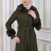 FURRY HOODED ZIPPERED OVERSIZED SUEDE TOPCOAT 1353 - khaki
