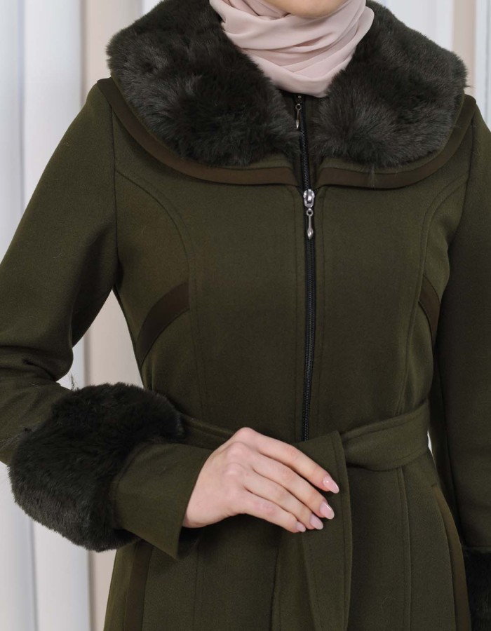 FURRY HOODED ZIPPERED OVERSIZED SUEDE TOPCOAT 1353 - khaki