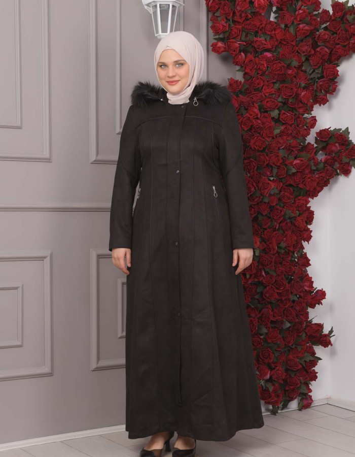 FURRY HOODED ZIPPERED OVERSIZED SUEDE TOPCOAT 1354 - black