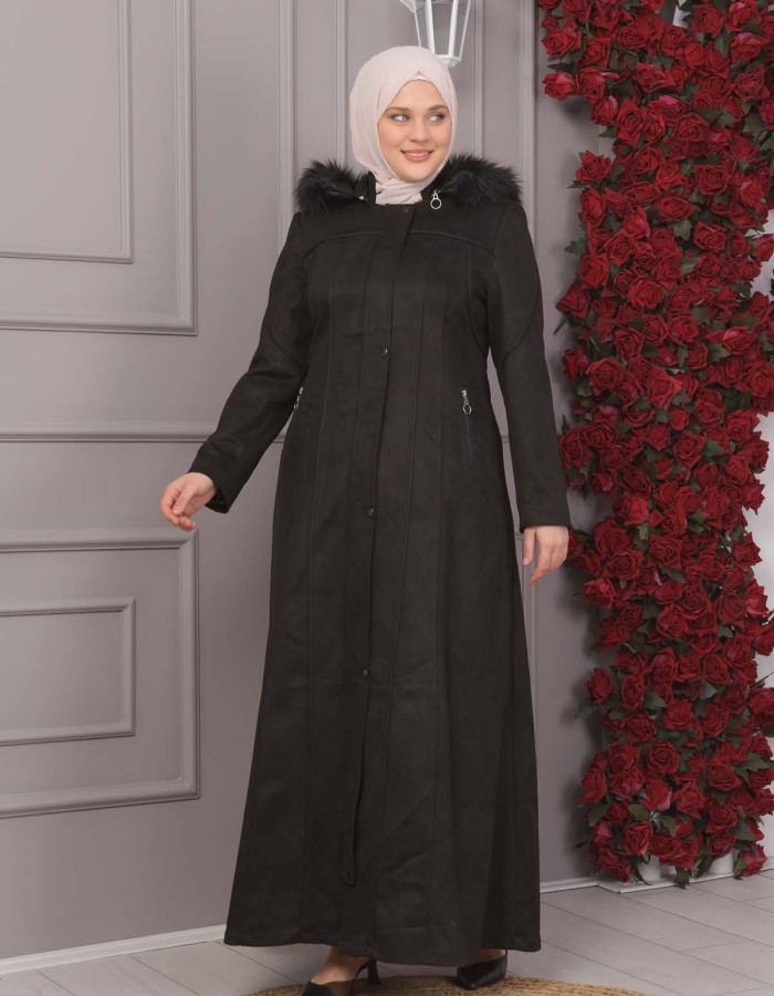 FURRY HOODED ZIPPERED OVERSIZED SUEDE TOPCOAT 1354 - black