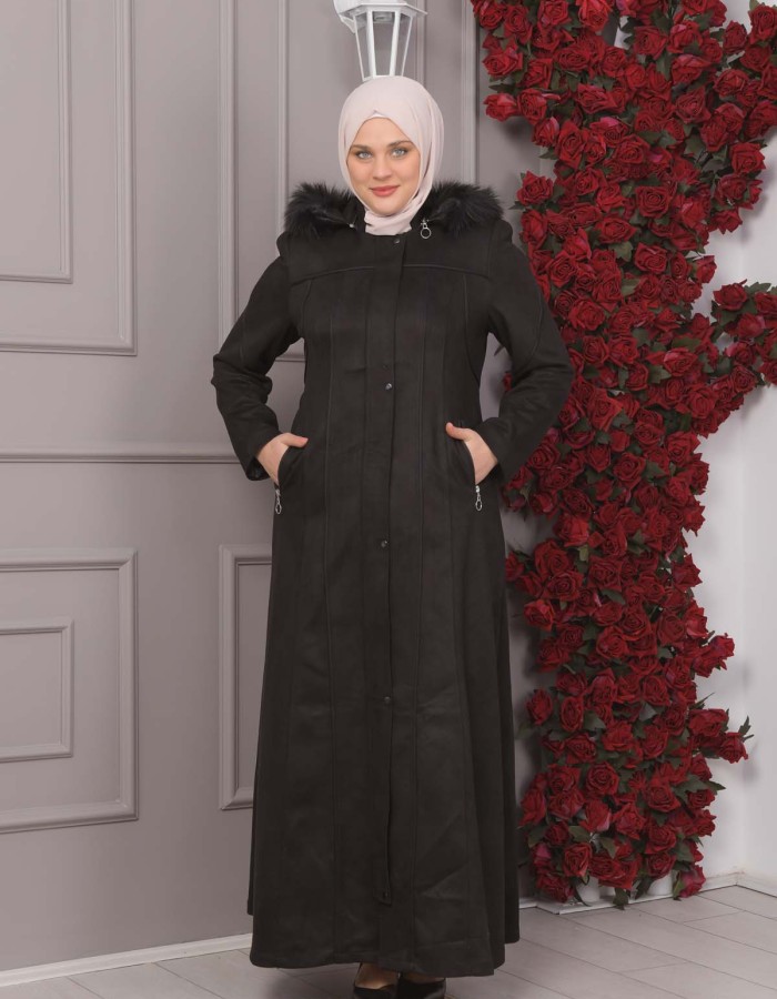 FURRY HOODED ZIPPERED OVERSIZED SUEDE TOPCOAT 1354 - black