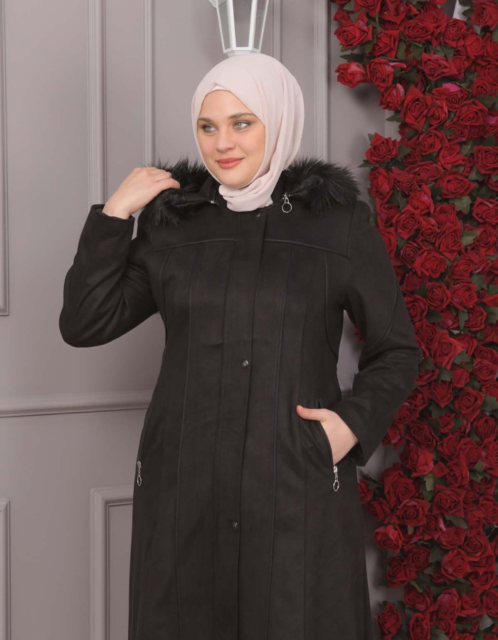 FURRY HOODED ZIPPERED OVERSIZED SUEDE TOPCOAT 1354 - black