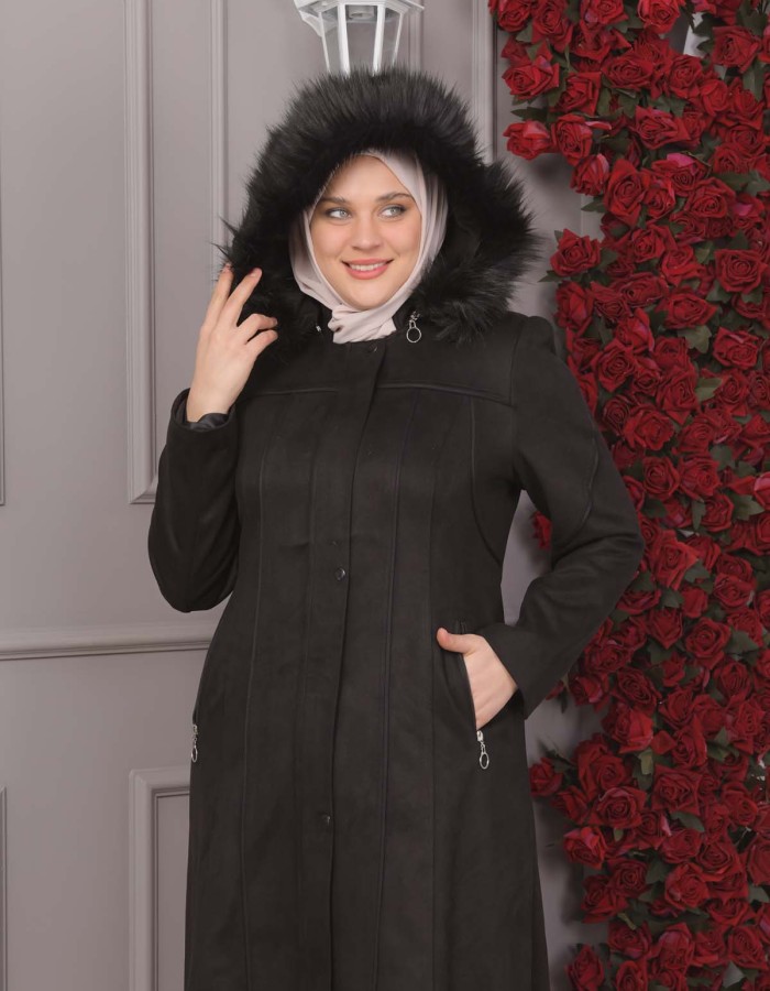 FURRY HOODED ZIPPERED OVERSIZED SUEDE TOPCOAT 1354 - black