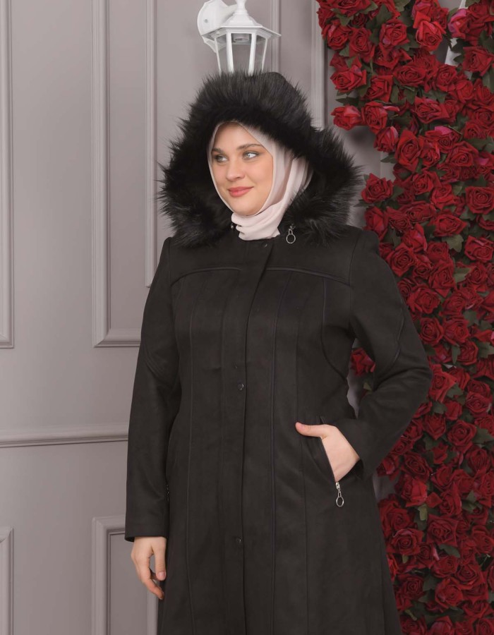 FURRY HOODED ZIPPERED OVERSIZED SUEDE TOPCOAT 1354 - black