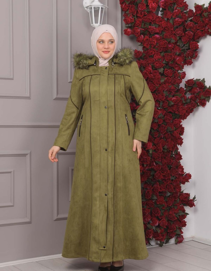 FURRY HOODED ZIPPERED OVERSIZED SUEDE TOPCOAT 1354 Haki