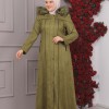 FURRY HOODED ZIPPERED OVERSIZED SUEDE TOPCOAT 1354 Haki