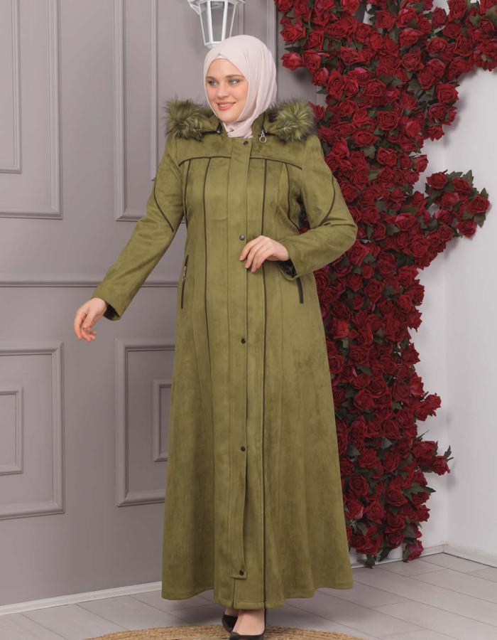 FURRY HOODED ZIPPERED OVERSIZED SUEDE TOPCOAT 1354 Haki