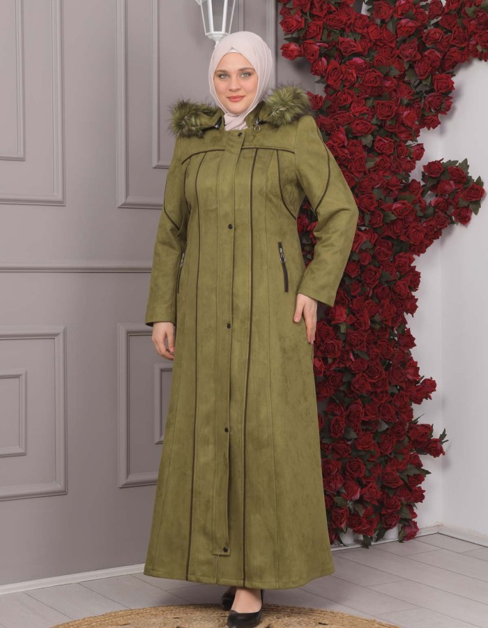 FURRY HOODED ZIPPERED OVERSIZED SUEDE TOPCOAT 1354 Haki