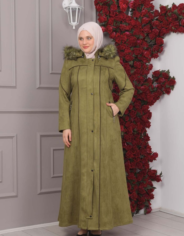 FURRY HOODED ZIPPERED OVERSIZED SUEDE TOPCOAT 1354 Haki