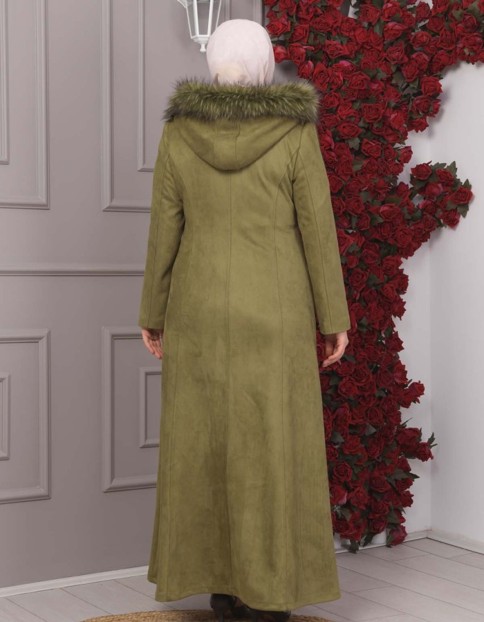 FURRY HOODED ZIPPERED OVERSIZED SUEDE TOPCOAT 1354 Haki