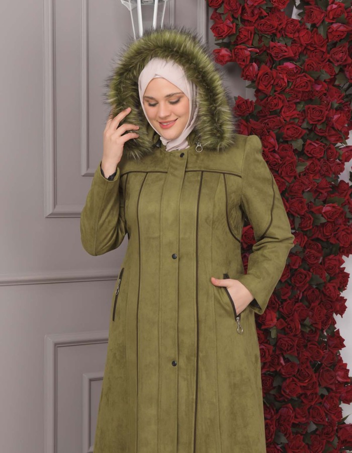FURRY HOODED ZIPPERED OVERSIZED SUEDE TOPCOAT 1354 Haki