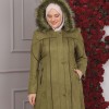 FURRY HOODED ZIPPERED OVERSIZED SUEDE TOPCOAT 1354 Haki