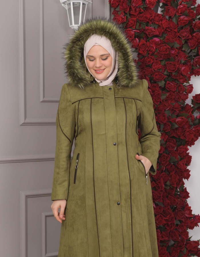 FURRY HOODED ZIPPERED OVERSIZED SUEDE TOPCOAT 1354 Haki