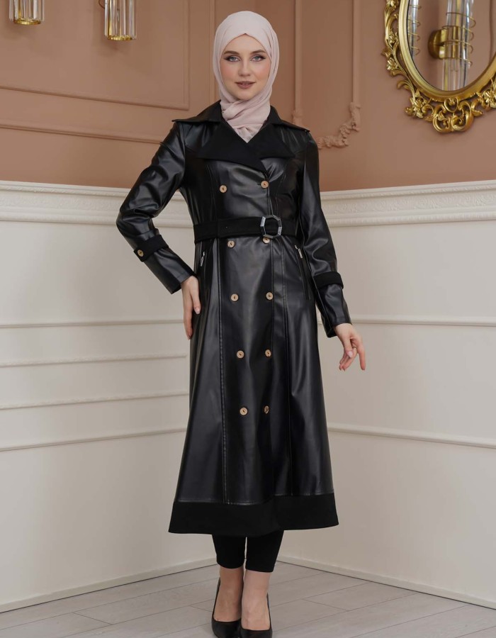 Belted Buttons Leather Trench Coat 1334 - black