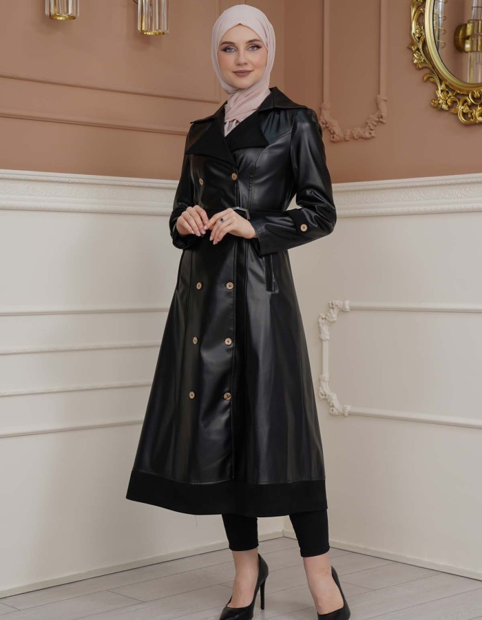 Belted Buttons Leather Trench Coat 1334 - black