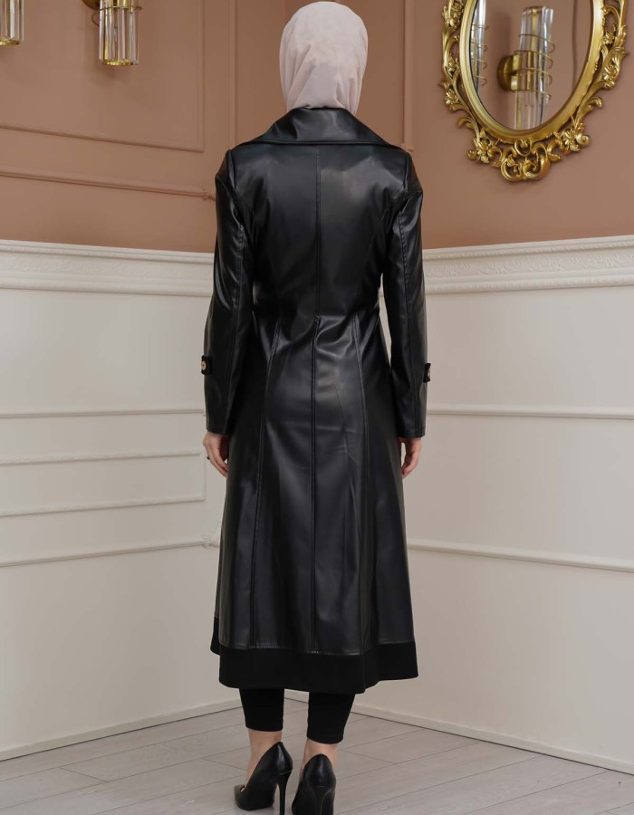 Belted Buttons Leather Trench Coat 1334 - black