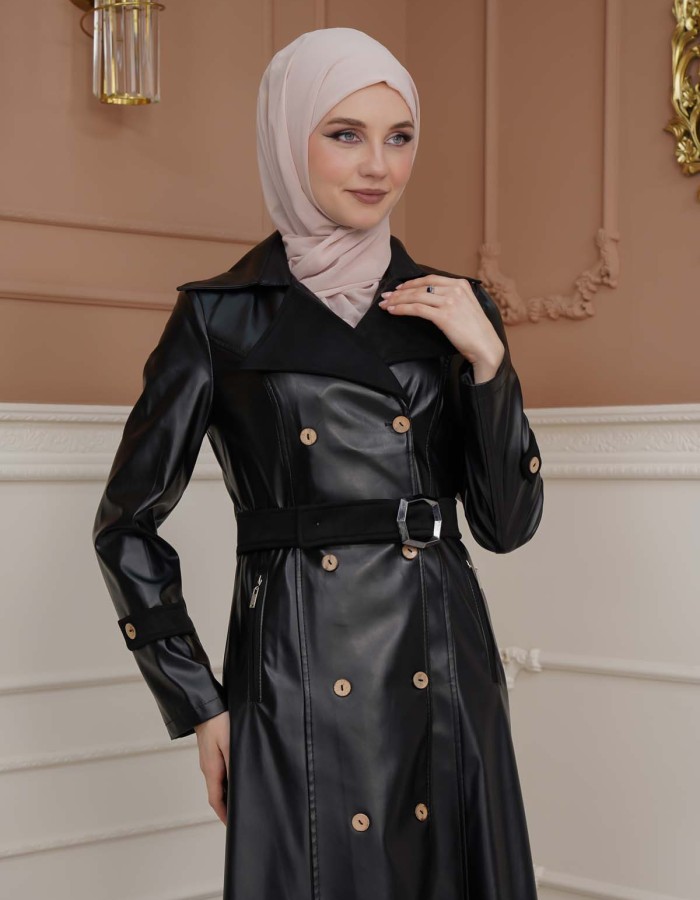 Belted Buttons Leather Trench Coat 1334 - black