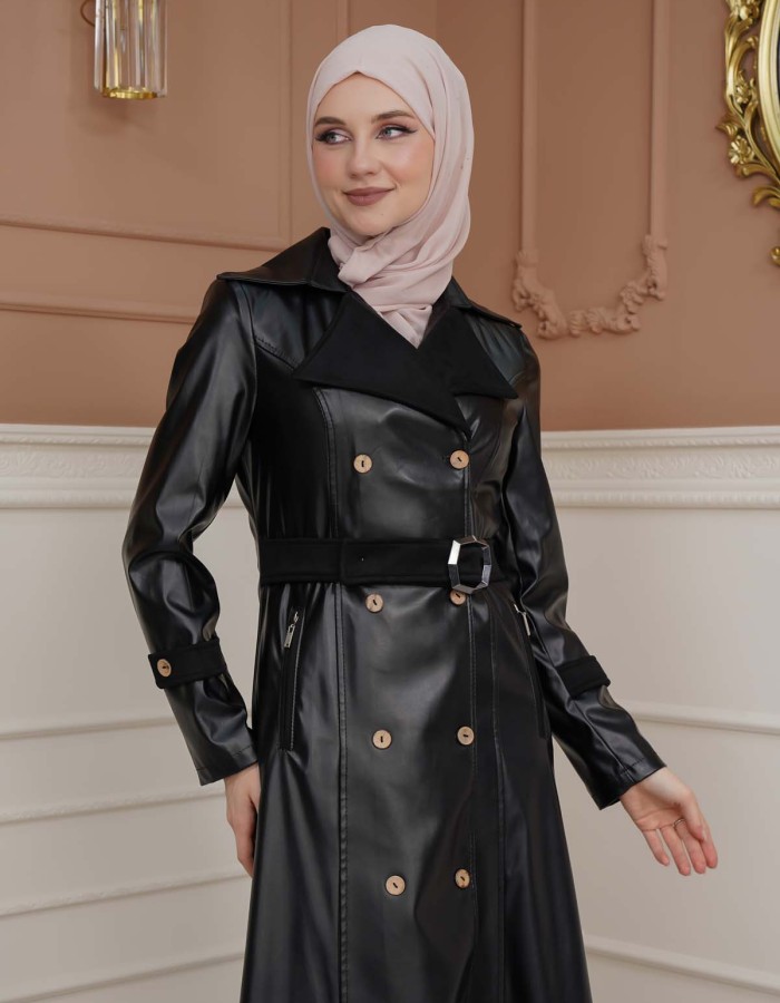 Belted Buttons Leather Trench Coat 1334 - black