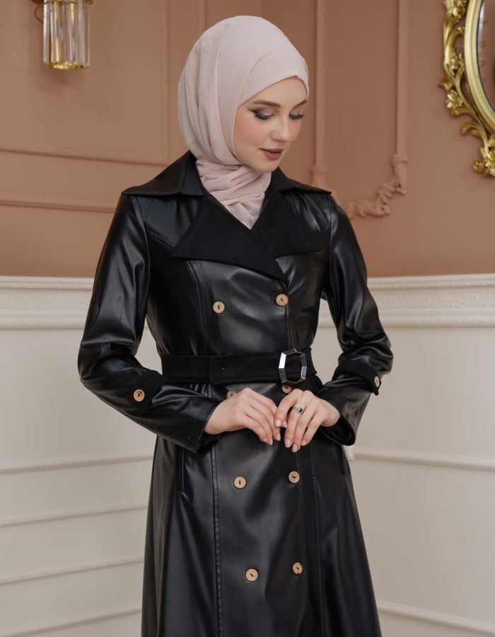 Belted Buttons Leather Trench Coat 1334 - black