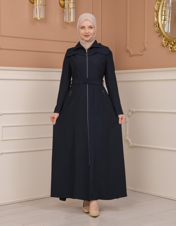 Belted Zippered Clarita Hooded Topcoat 1224 - deep blue